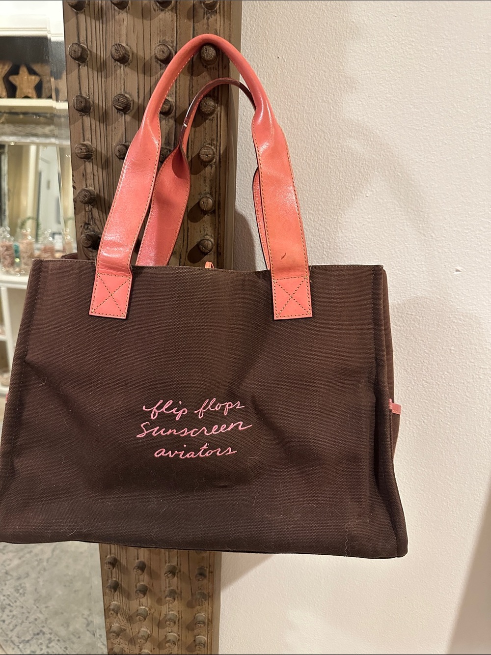 kate spade Brown Canvas Tote with Coral Handles and Script Embroidery